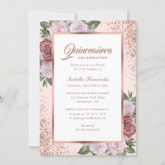 Rosa Rose Gold Floral Quinceñera Einladung