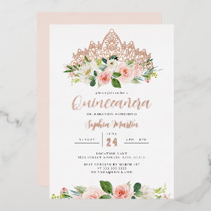 Rosa Rose Gold Floral Tiara Butterfly Quinceanera Folieneinladung