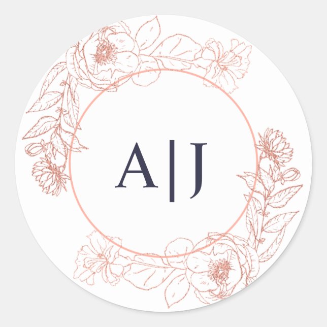 Rosa Rose Gold Floral Wedding Monogram Runder Aufkleber (Vorderseite)