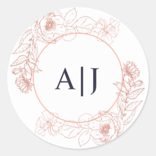 Rosa Rose Gold Floral Wedding Monogram Runder Aufkleber