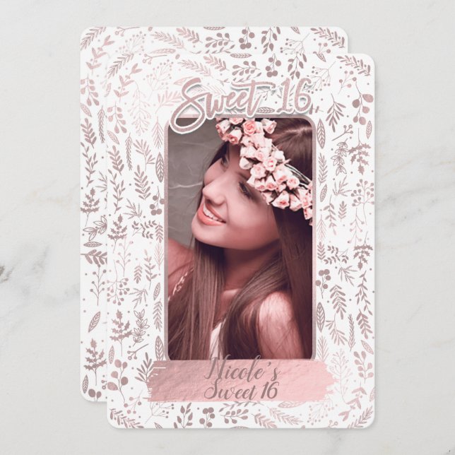 Rosa Rose Gold Foil Modern Sweet 16 Birthday Foto Einladung (Vorne/Hinten)