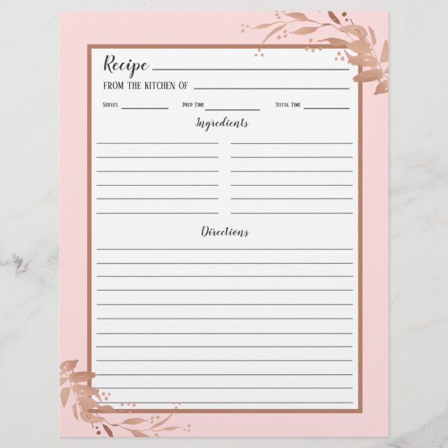 Rosa Rose Gold Foliage Recipi Binder Page (Vorderseite)