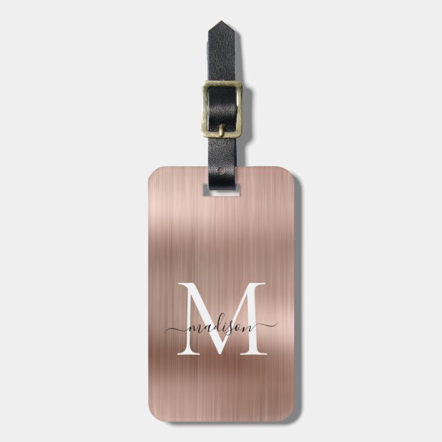 Rosa Rose Gold gebürstetes Monogram Gepäckanhänger (Vorderseite vertikal)