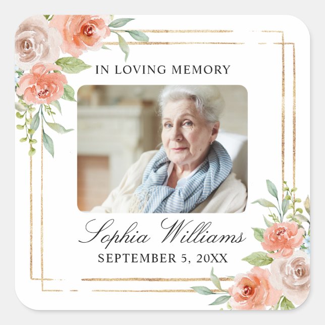 Rosa Rose & Gold Gedenksticker Beerdigung Square S Quadratischer Aufkleber (Vorderseite)