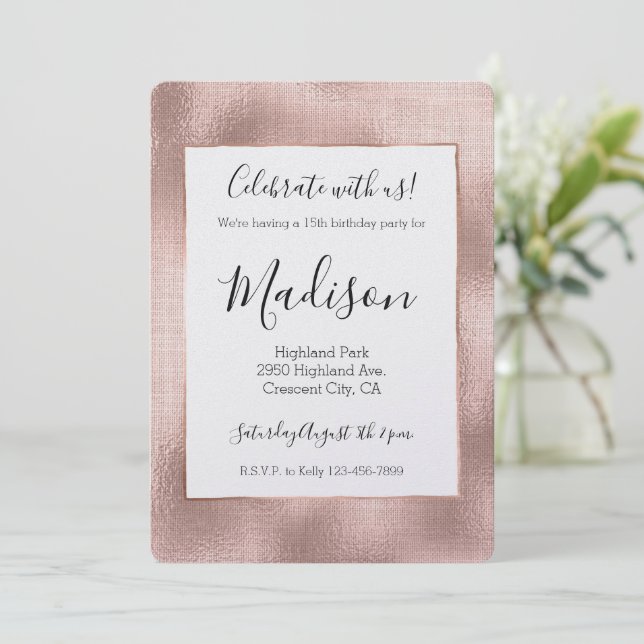 Rosa Rose Gold Glam Chic Geburtstag Einladung (Stehend Vorderseite)