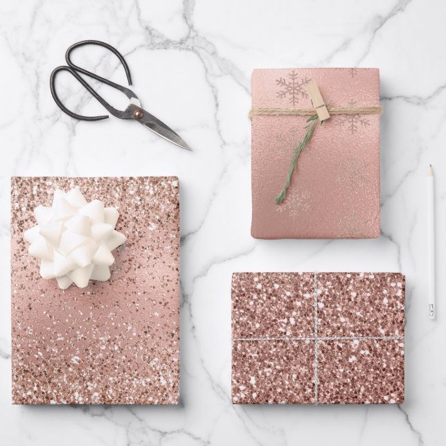 Rosa Rose Gold Glam Glitzer Snowflake   Geschenkpapier Set (Vorderseite)