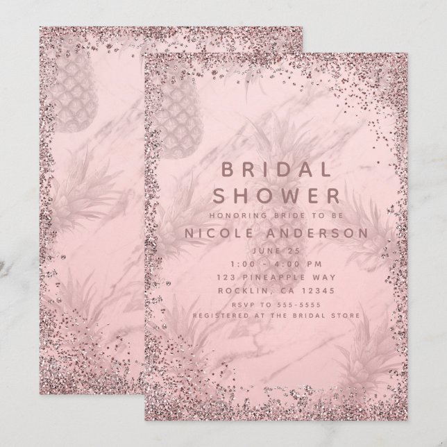 Rosa Rose Gold Glitzer Ananas Brautparty Einladung (Vorne/Hinten)
