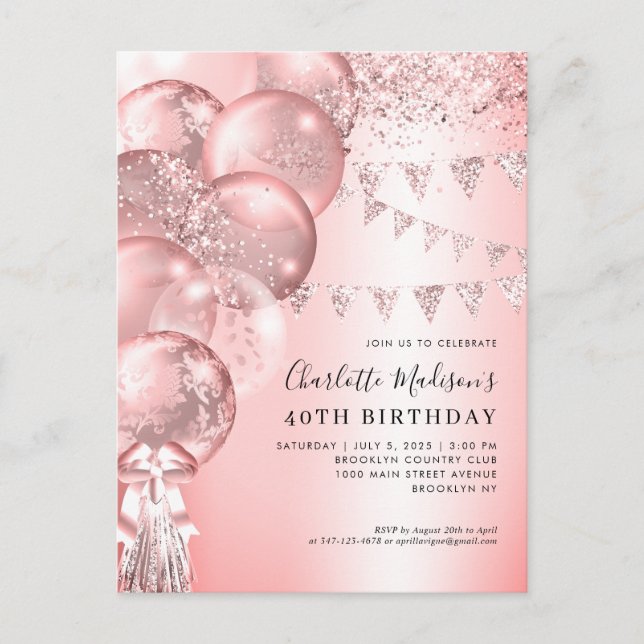 Rosa Rose Gold Glitzer Ballon jedes Alter Geburtst Postkarte (Vorderseite)