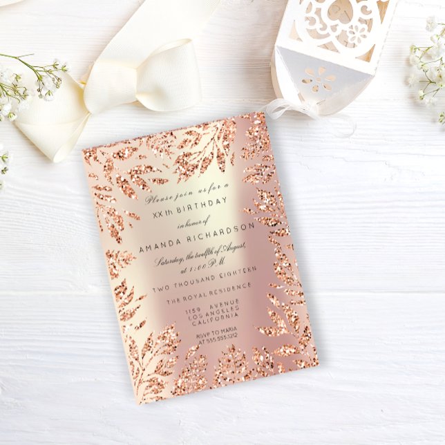 Rosa Rose Gold Glitzer Blätter Blumenrahmen Früh Einladung (Pink Rose Gold Glitter Leafs Floral Frame Pearly Invitation)