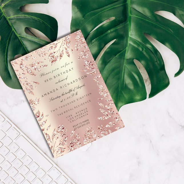 Rosa Rose Gold Glitzer Blätter Blumenrahmen Früh Einladung (Pink Rose Gold Glitter Leafs Floral Frame Pearly Invitation)
