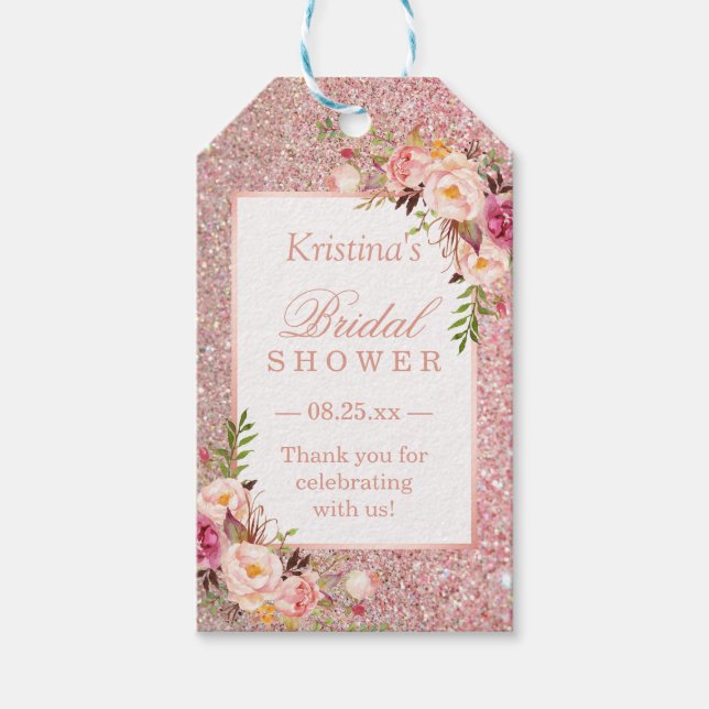 Rosa Rose Gold Glitzer Blumengefälligkeit Brautpar Geschenkanhänger