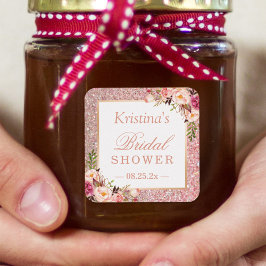 Rosa Rose Gold Glitzer Blumengefälligkeit Brautpar Quadratischer Aufkleber