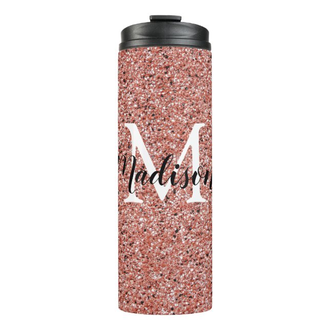 Rosa Rose Gold Glitzer Chic Monogram Name Thermosbecher (Vorderseite)