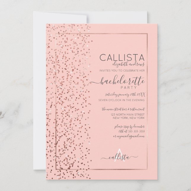 Rosa Rose Gold Glitzer Confetti Side Bachelorette Einladung (Vorderseite)