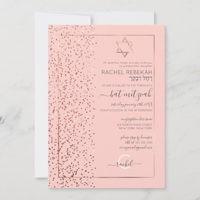 Rosa Rose Gold Glitzer Confetti Side Bat Mitzvah Einladung (Vorderseite)