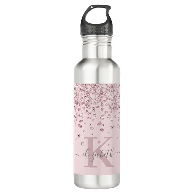 Rosa Rose Gold Glitzer Diamond Monogram Edelstahlflasche (Vorderseite)