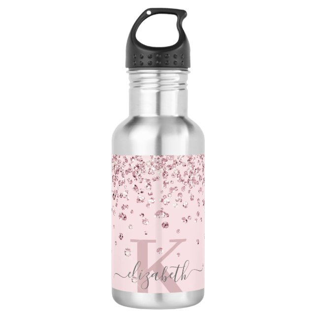 Rosa Rose Gold Glitzer Diamond Monogram Edelstahlflasche (Vorderseite)