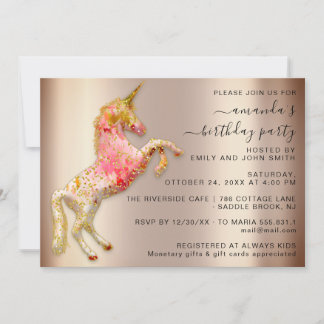 Rosa Rose Gold Glitzer Einhorn Pferd Geburtstag Einladung