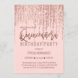 Rosa Rose Gold Glitzer Fringe Vorhang Quinceañera Einladung