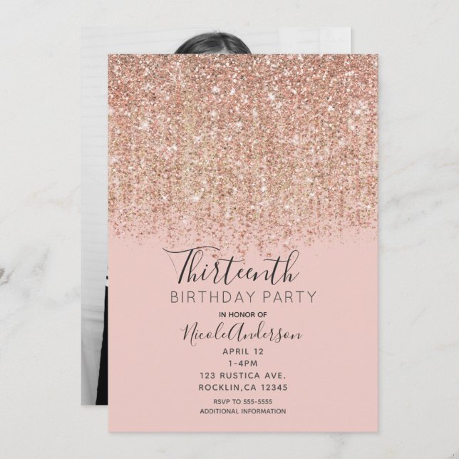Rosa Rose Gold Glitzer Geburtstagsparty Foto Einladung (Vorne/Hinten)
