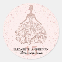 Rosa Rose Gold Glitzer Kleid Sparkasse Quinceañera Runder Aufkleber