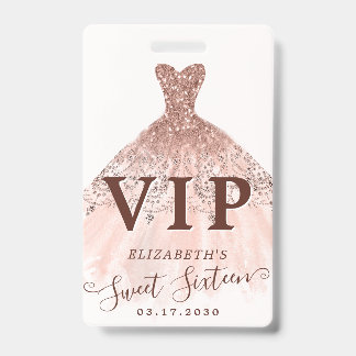 Rosa Rose Gold Glitzer Kleid Sweet 16 VIP Geburtst Ausweis