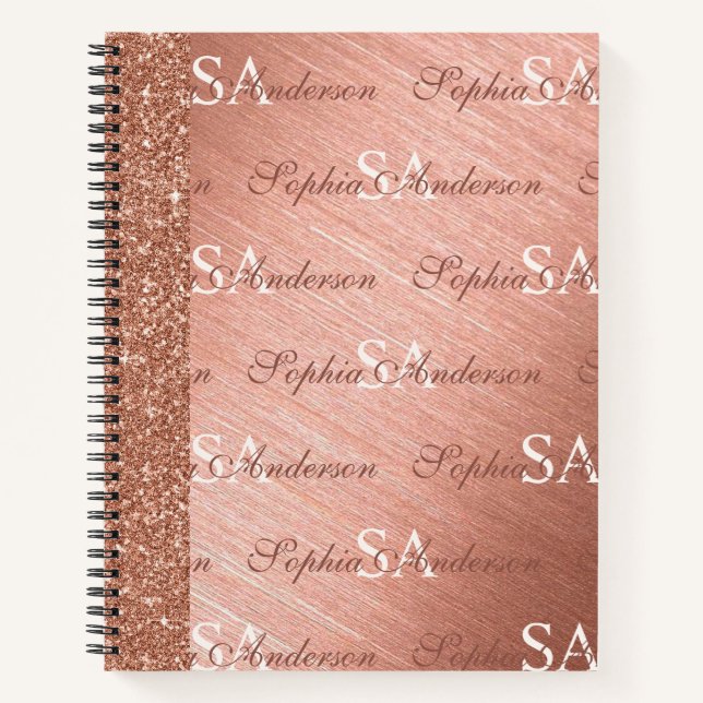 Rosa Rose Gold Glitzer Metal Mit Monogramm Notizbuch (Vorderseite)