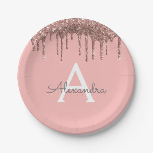 Rosa Rose Gold Glitzer Monogram Birthday Pappteller