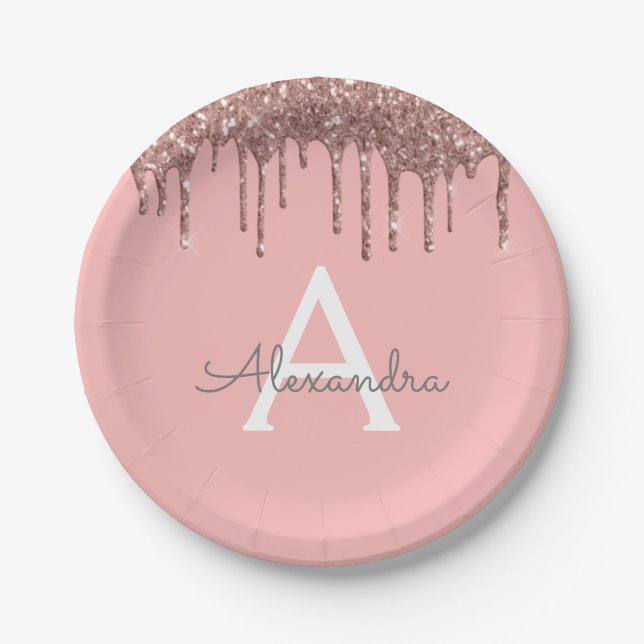 Rosa Rose Gold Glitzer Monogram Birthday Pappteller (Vorderseite)