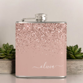 Rosa Rose Gold Glitzer Monogram Name Flachmann