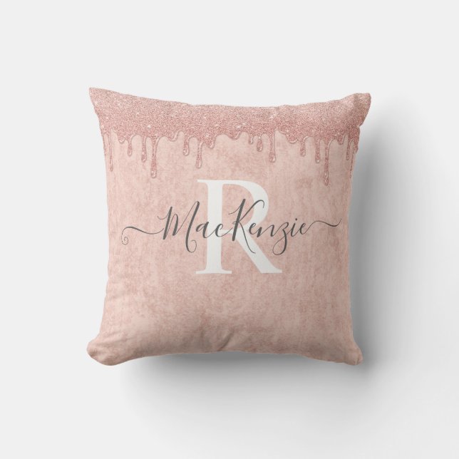 Rosa Rose Gold Glitzer Monogram Name Theme Pillow Kissen (Vorderseite)