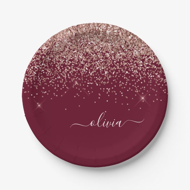 Rosa Rose Gold Glitzer Monogram Pappteller (Vorderseite)