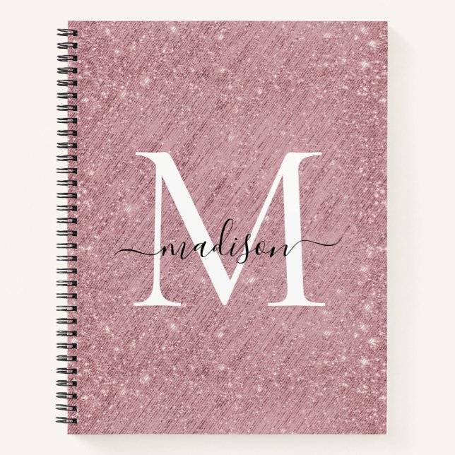 Rosa Rose Gold Glitzer Monogram Script Sparkle Notizbuch (Vorderseite)