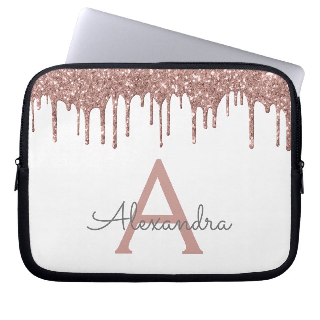Rosa Rose Gold Glitzer Monogramm Laptopschutzhülle (Vorderseite)