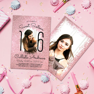 Rosa Rose Gold Glitzer Ombre Halo Foto Sweet 16 Einladung