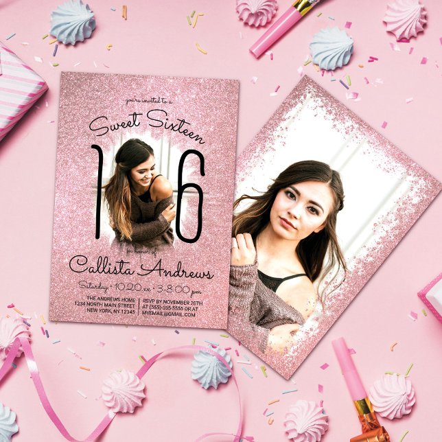 Rosa Rose Gold Glitzer Ombre Halo Foto Sweet 16 Einladung (Von Creator hochgeladen)