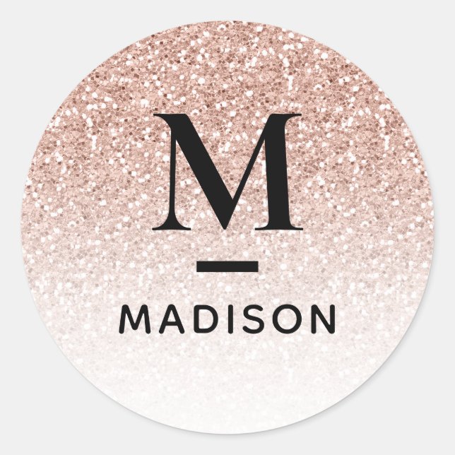 Rosa Rose Gold Glitzer Ombre Modern Monogram Name Runder Aufkleber (Vorderseite)