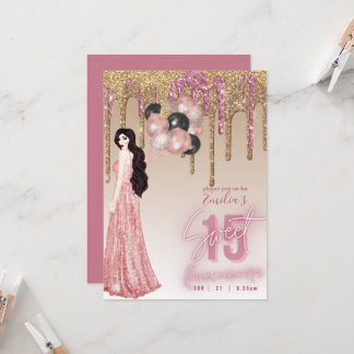 Rosa Rose Gold Glitzer Quinceanera Brünett Girl Einladung