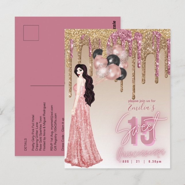 Rosa Rose Gold Glitzer Quinceanera Brünett Girl Postkarte (Vorne/Hinten)