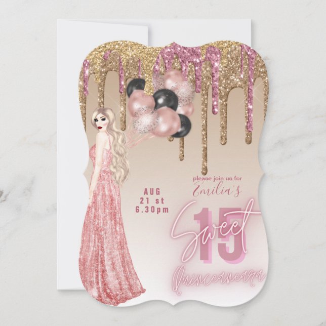 Rosa Rose Gold Glitzer Quinceanera Einladung (Vorderseite)