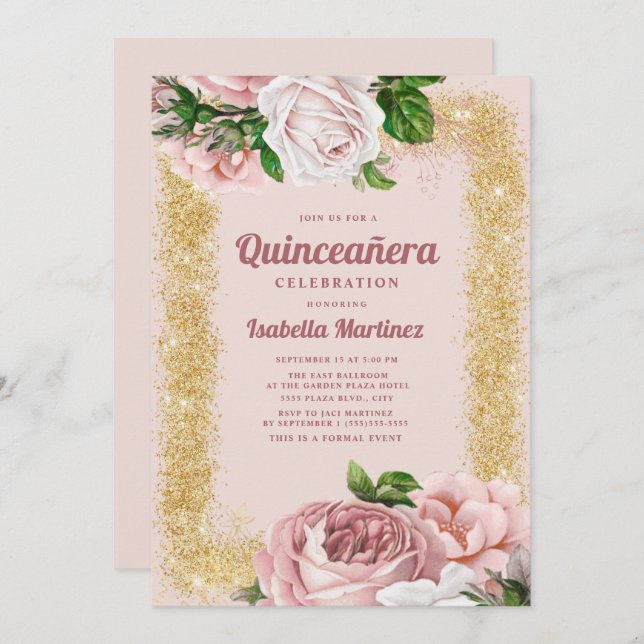 Rosa Rose Gold Glitzer Quinceañera Einladung (Vorne/Hinten)