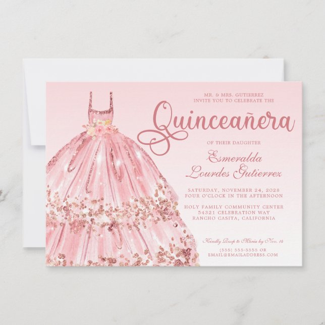Rosa Rose Gold Glitzer Quinceañera Einladung (Vorderseite)