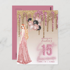 Rosa Rose Gold Glitzer Quinceanera Rotes Haar Girl Postkarte