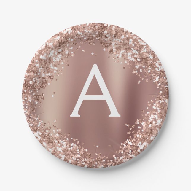 Rosa Rose Gold Glitzer & Sparkle Monogram Birthday Pappteller (Vorderseite)