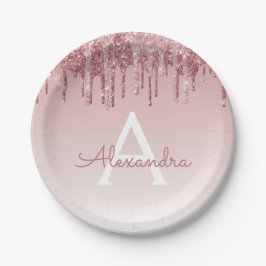 Rosa Rose Gold Glitzer & Sparkle Monogram Birthday Pappteller