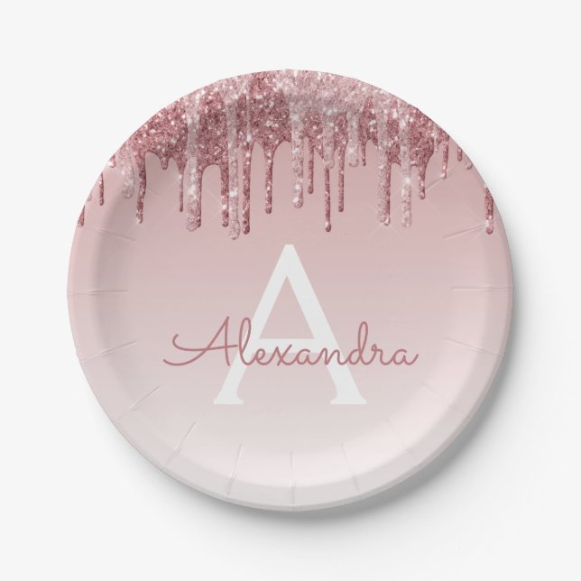 Rosa Rose Gold Glitzer & Sparkle Monogram Birthday Pappteller (Vorderseite)