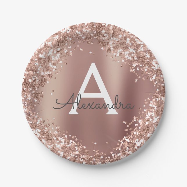 Rosa Rose Gold Glitzer & Sparkle Monogram Birthday Pappteller (Vorderseite)