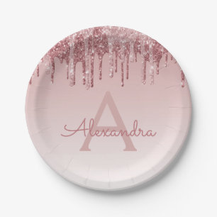 Rosa Rose Gold Glitzer & Sparkle Monogram Birthday Pappteller