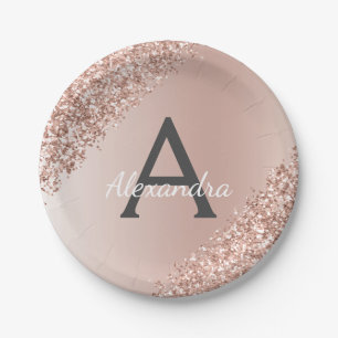 Rosa Rose Gold Glitzer & Sparkle Monogram Birthday Pappteller