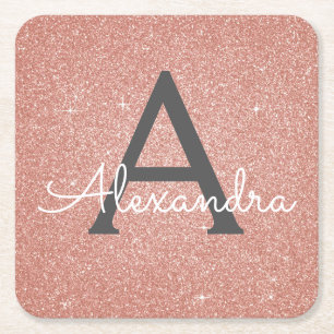 Rosa Rose Gold Glitzer & Sparkle Monogram Birthday Rechteckiger Pappuntersetzer